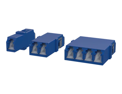 Adaptateurs fibre optique LC avec obturateur, Simplex, Duplex et Quadplex, bleu