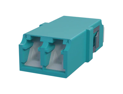 Adaptateur fibre optique LC Duplex avec obturateur, Aqua - Vue de face
