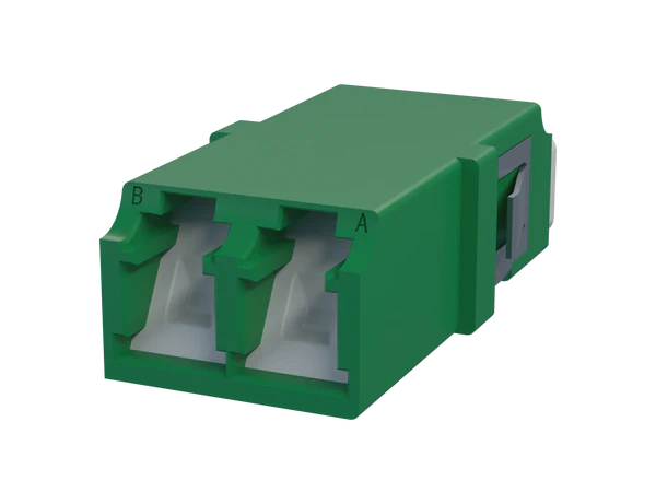 Adaptateur fibre optique LC Duplex avec obturateur, vert - Vue de face