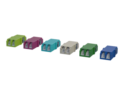 Adaptateurs fibre optique LC Duplex avec obturateur, différentes couleurs