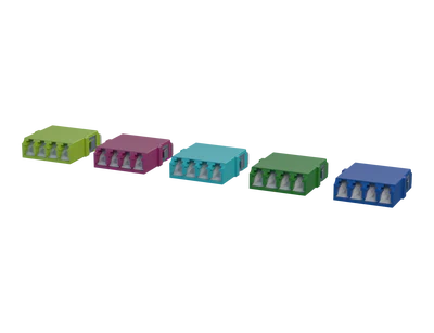 Adaptateurs fibre optique LC Quadplex avec obturateur, vert citron, Erika Violet, Aqua, vert et bleu