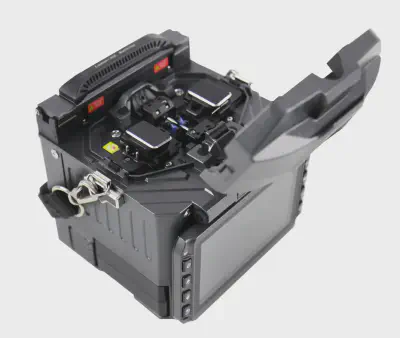 FiberFox Mini 5C+ Premium splicer open with fibre holders